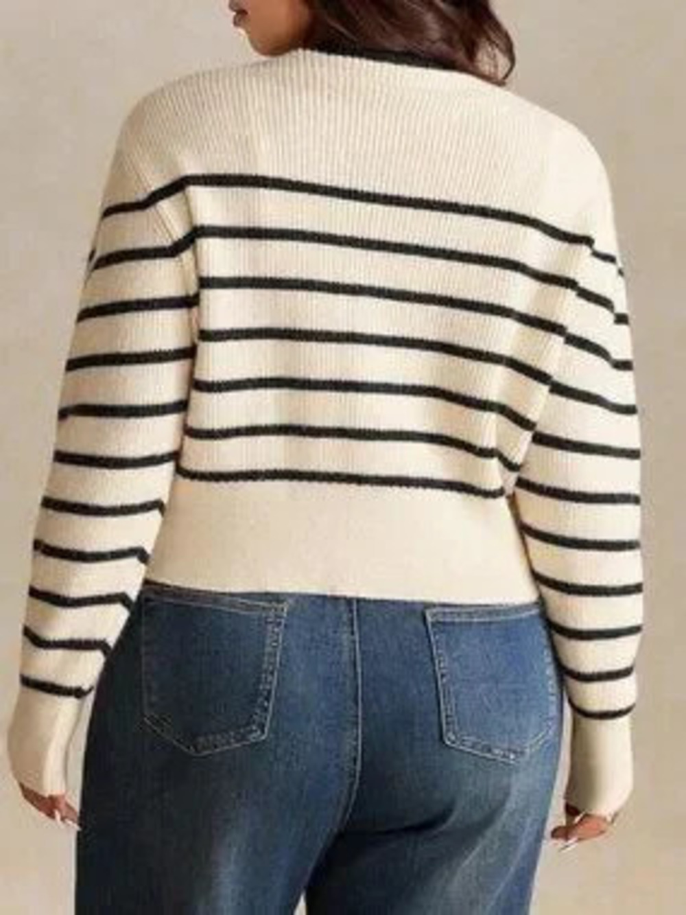 Black Casual Women's Plus Size Loose Contrast Striped Long Sleeve Cardigan
